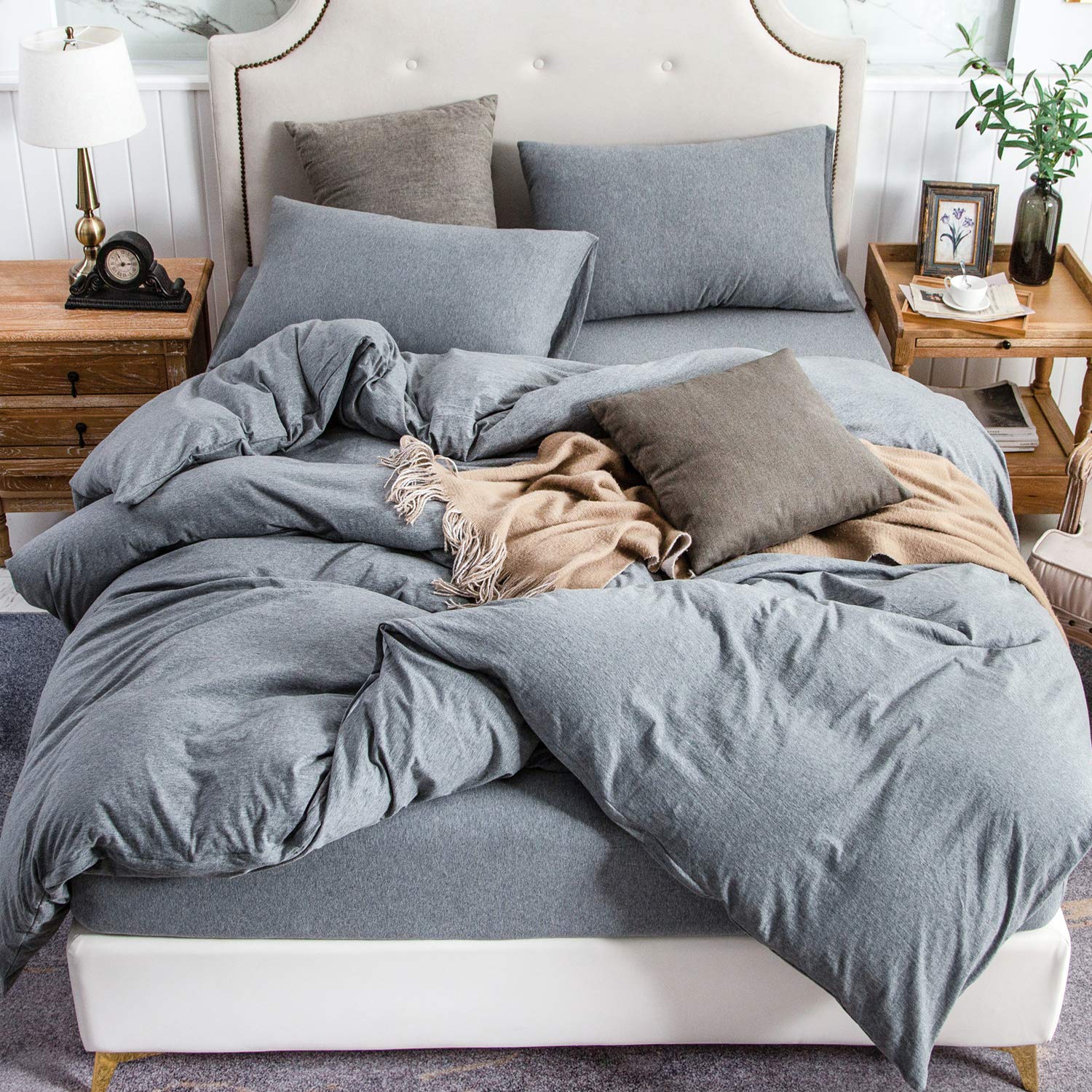 Pure Era Jersey Knit Duvet Cover Set 100% T-Shirt Cotton Super Soft Comfy 3Pc Bedding Set With Zipper Closure (Heather Blueish G